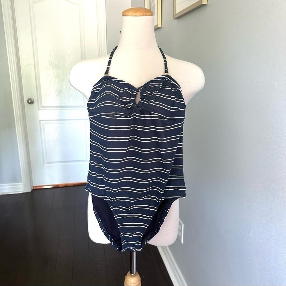 TOMMY HILFIGER Navy Blue Stripe Halter Bathing Suit - Size S